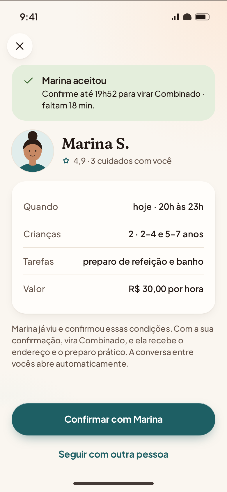 Tela do aplicativo: Marina aceitou o toc toc e a família confirma no prazo.